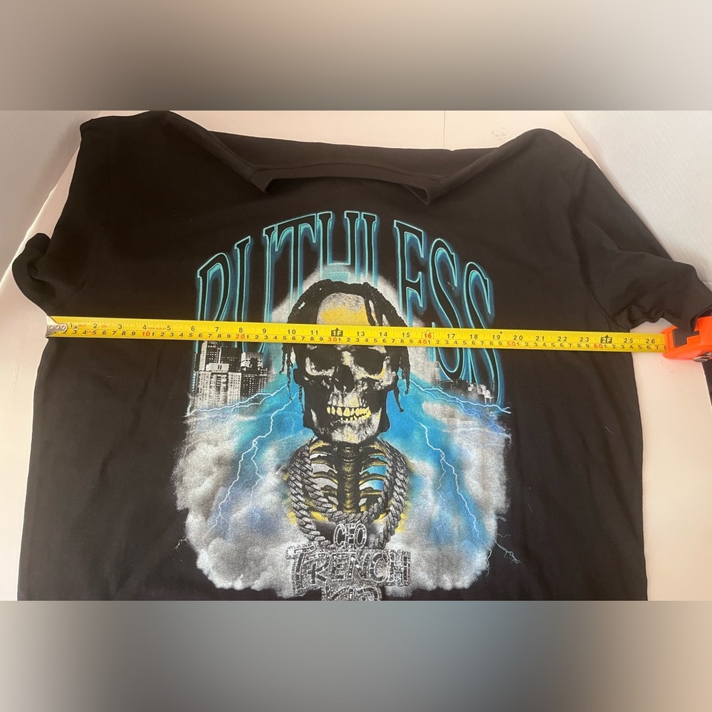 boohooMan x LilTjay 'Trench kid' Men's 'Ruthless' skull black shirt NWT Size L - Picture 8 of 10